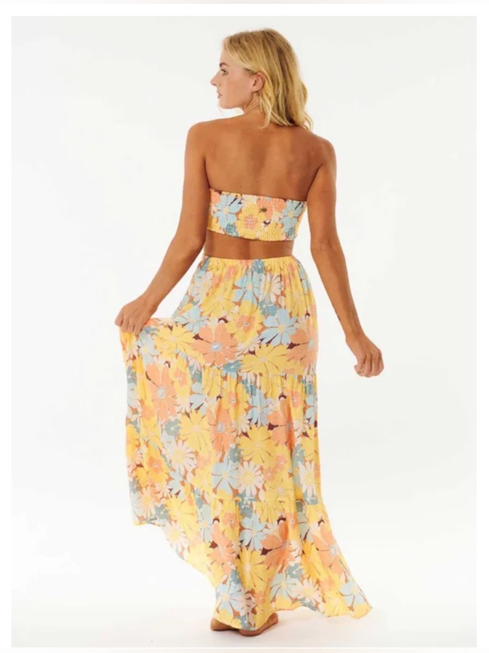 Rip Curl Strapless Cutout Floral Maxi Dress Smocked Bodice Size M - Picture 2 of 7
